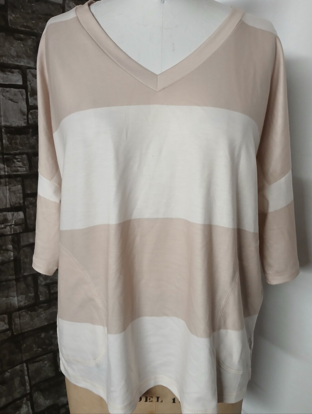 Relaxed V-Neck Tunic in Cream and White Stripes